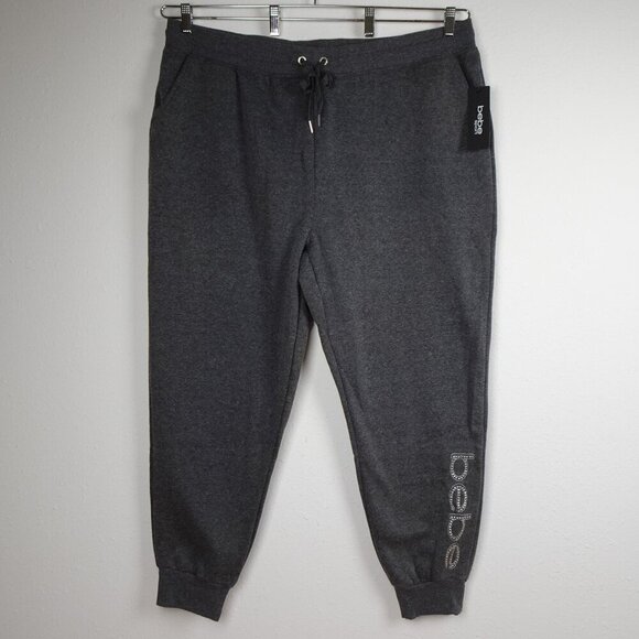 Bebe Fleece Sweatpants Women's Plus Size 3X Gray Rhinestone Logo Joggers - Picture 1 of 9